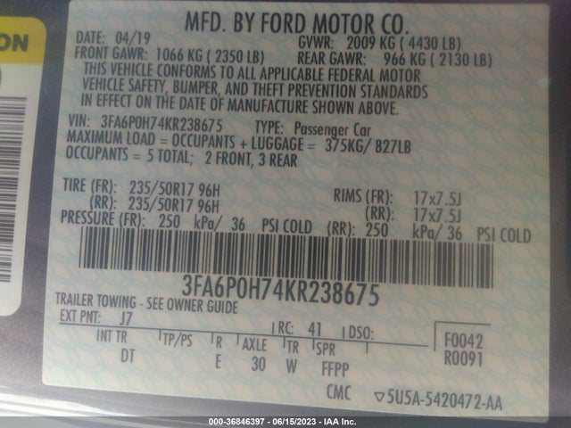 Ford FUSION SE 2019 3FA6P0H74KR238675 Image 10