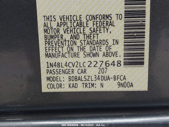 2020 NISSAN ALTIMA 2.5 SR VIN: 1N4BL4CV2LC227648