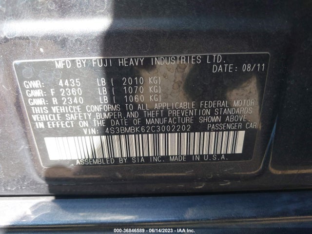2012 SUBARU LEGACY 2.5I LIMITED VIN: 4S3BMBK62C3002202