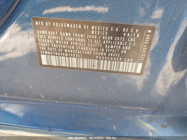2019 VOLKSWAGEN JETTA S VIN: 3VWN57BU6KM109351