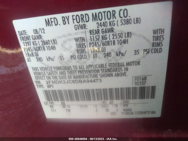 2013 FORD EDGE SEL VIN: 2FMDK3JC8DBA94473