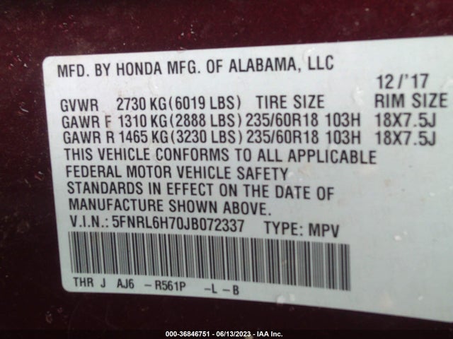 Honda Odyssey Ex-l 2018 5FNRL6H70JB072337 Image 9