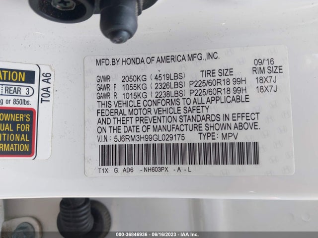 Honda Cr-v Touring 2016 5J6RM3H99GL029175 Image 9