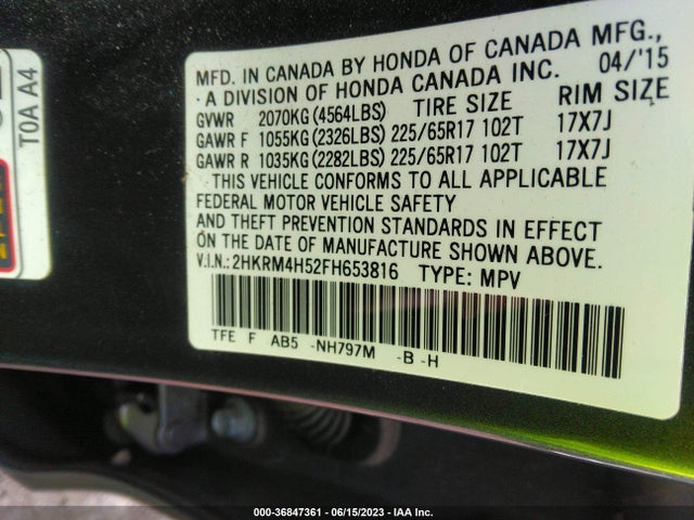 2015 HONDA CR-V EX VIN: 2HKRM4H52FH653816