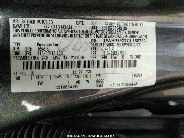 2012 FORD FOCUS SE VIN: 1FAHP3F27CL156733