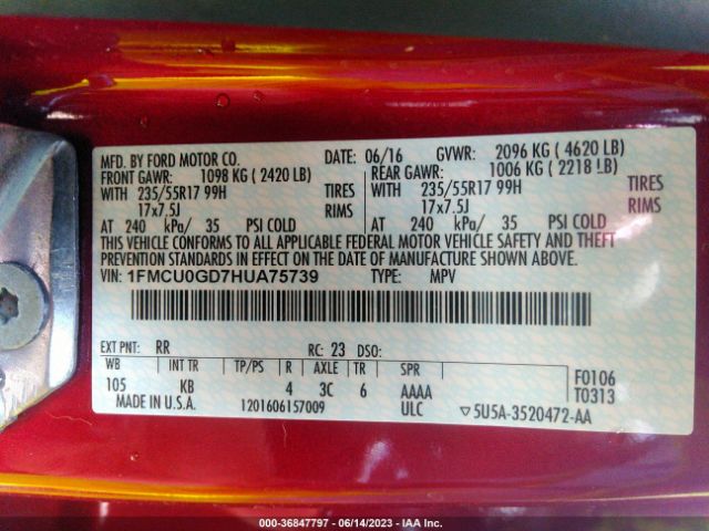 1FMCU0GD7HUA75739 Ford ESCAPE SE