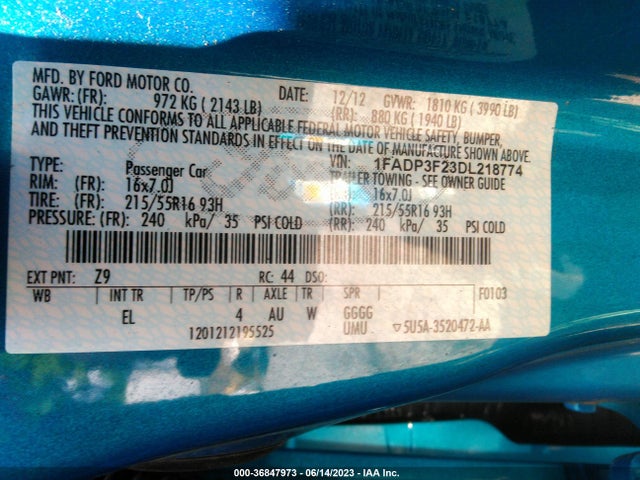 2013 FORD FOCUS SE VIN: 1FADP3F23DL218774