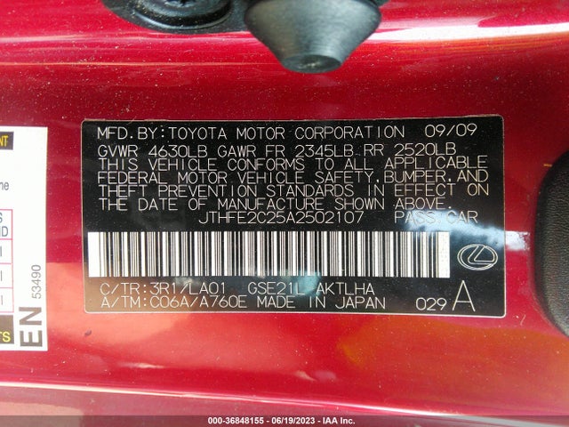 2010 LEXUS IS 350C VIN: JTHFE2C25A2502107