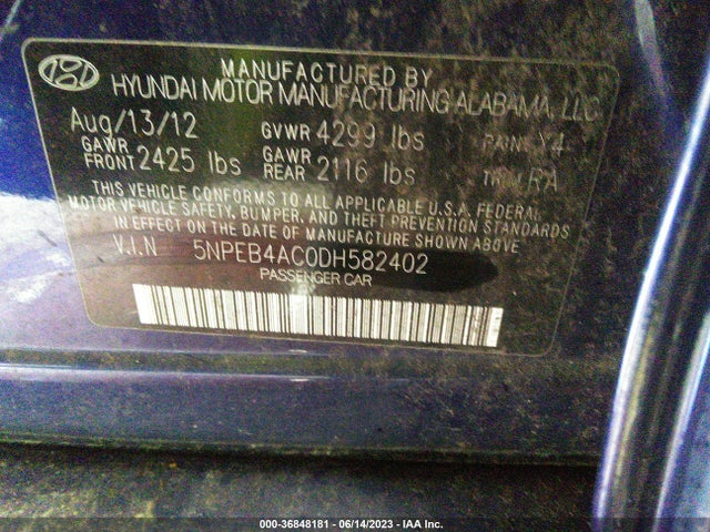 2013 HYUNDAI SONATA GLS VIN: 5NPEB4AC0DH582402