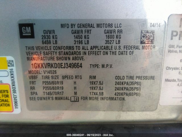 1GKKVRKD0EJ349664 GMC ACADIA SLT