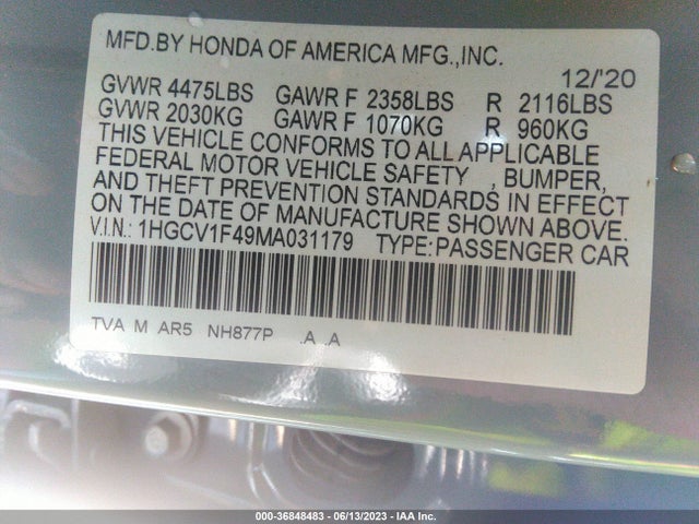 2021 HONDA ACCORD SEDAN SPORT SE VIN: 1HGCV1F49MA031179