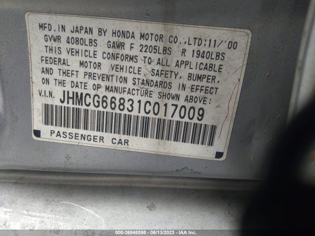 2001 HONDA ACCORD SDN EX VIN: JHMCG66831C017009