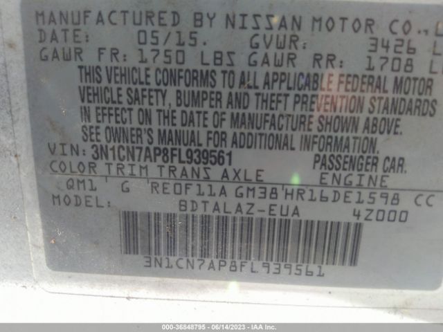 3N1CN7AP8FL939561 Nissan Versa S Plus