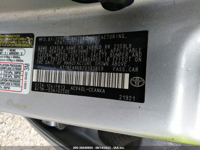 Продажа на аукционе авто 2007 Toyota Camry Ce/le/se/xle, vin: 4T1BE46K67U193859, номер лота: 36848954
