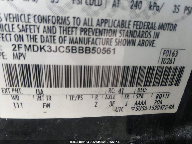 2011 FORD EDGE SEL VIN: 2FMDK3JC5BBB50561