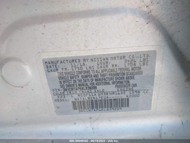 3N1CN7AP6KL839209 Nissan Versa Sedan Sv