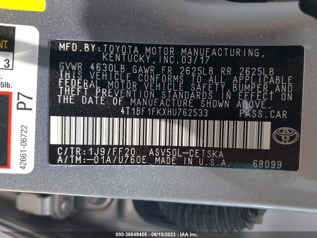 Продаж на аукціоні авто 2017 Toyota Camry Xle/se/le/xse, vin: 4T1BF1FKXHU762533, номер лоту: 36849405