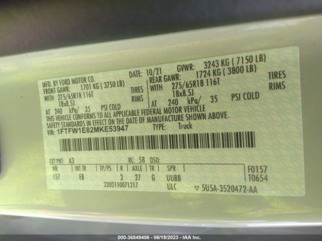 1FTFW1E82MKE53947 Ford F-150 Xl/xlt/lariat