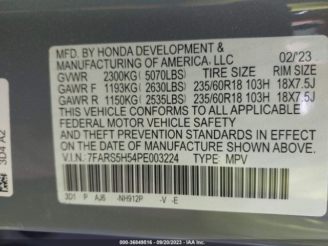 2023 HONDA CR-V HYBRID SPORT VIN: 7FARS5H54PE003224