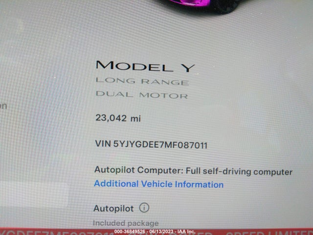 2021 TESLA MODEL Y LONG RANGE VIN: 5YJYGDEE7MF087011