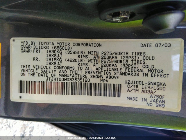 2003 LEXUS LX 470 VIN: JTJHT00W033535120