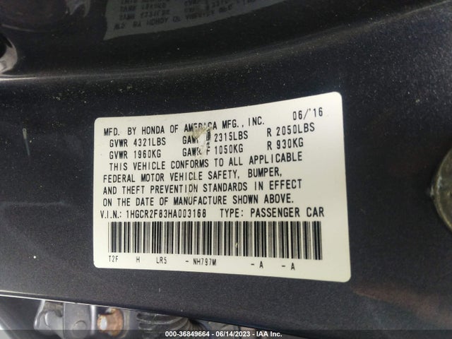 2017 HONDA ACCORD SEDAN EX-L VIN: 1HGCR2F83HA003168