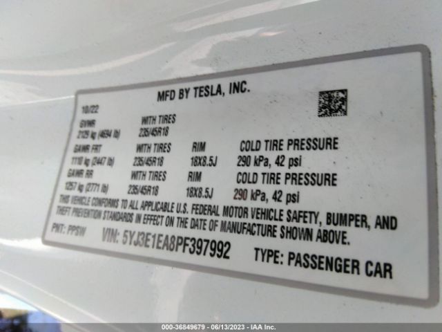 5YJ3E1EA8PF397992 Tesla MODEL 3