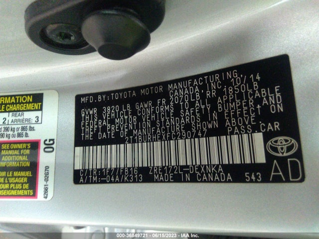 2015 TOYOTA COROLLA L/LE/S/S PLUS/LE PLUS VIN: 2T1BURHEXFC290747