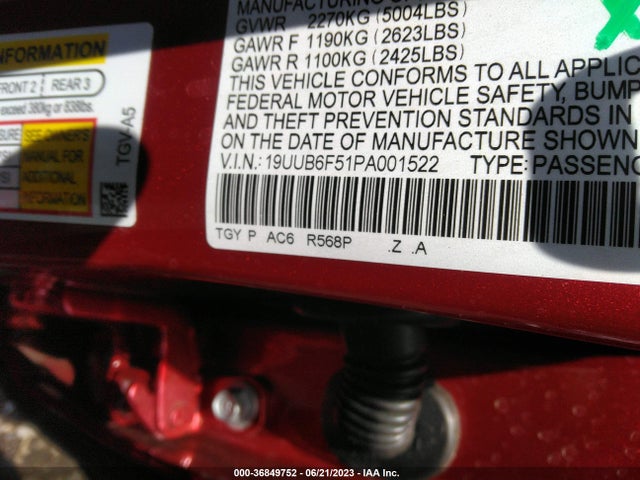 2023 ACURA TLX W/A-SPEC PACKAGE VIN: 19UUB6F51PA001522