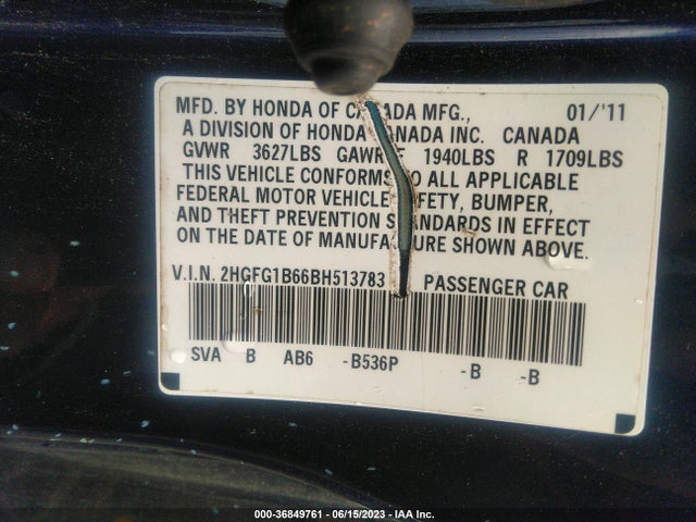 2011 HONDA CIVIC CPE LX VIN: 2HGFG1B66BH513783