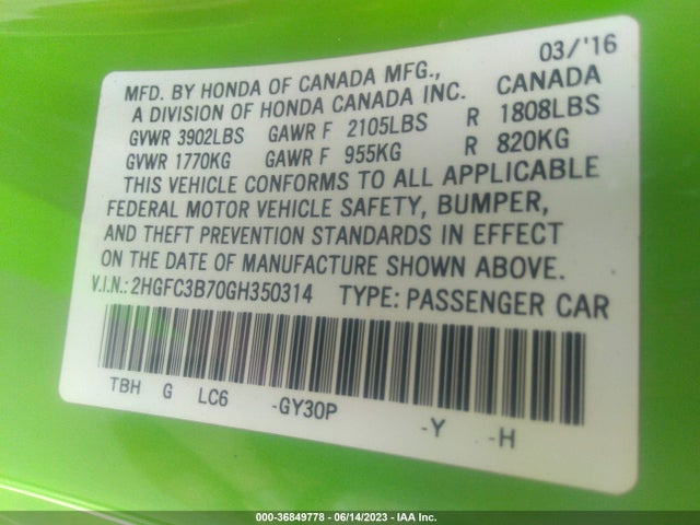 Honda Civic Coupe Ex-l 2016 2HGFC3B70GH350314 Image 9