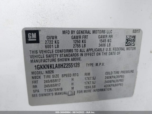 1GKKNKLA8HZ255128 GMC ACADIA SLE