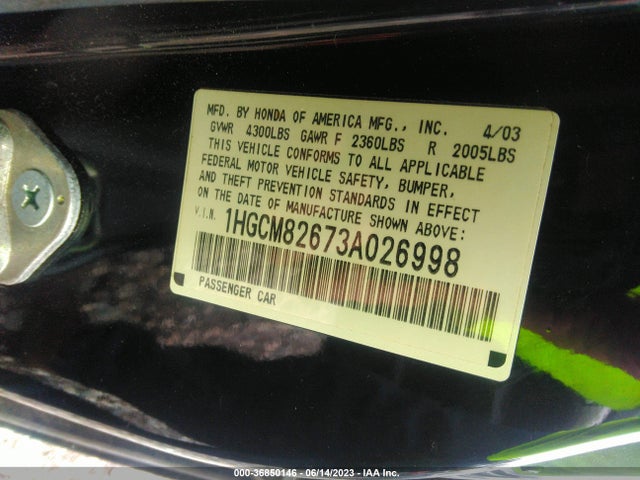 2003 HONDA ACCORD CPE EX VIN: 1HGCM82673A026998