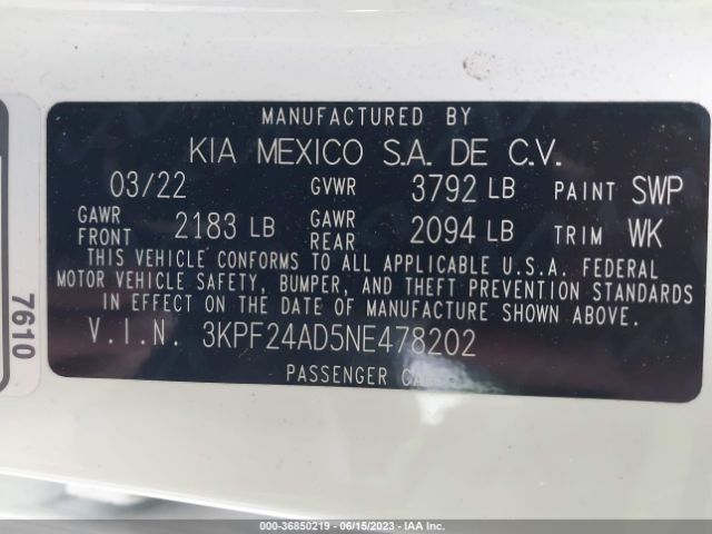 3KPF24AD5NE478202 KIA Forte Lxs