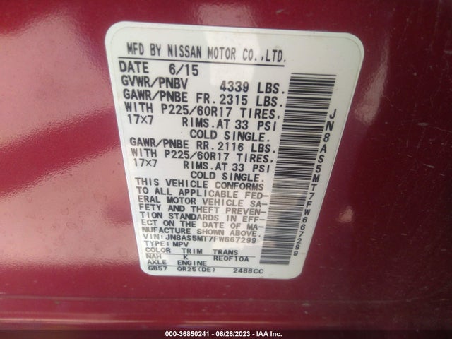 2015 NISSAN ROGUE SELECT S VIN: JN8AS5MT7FW667299