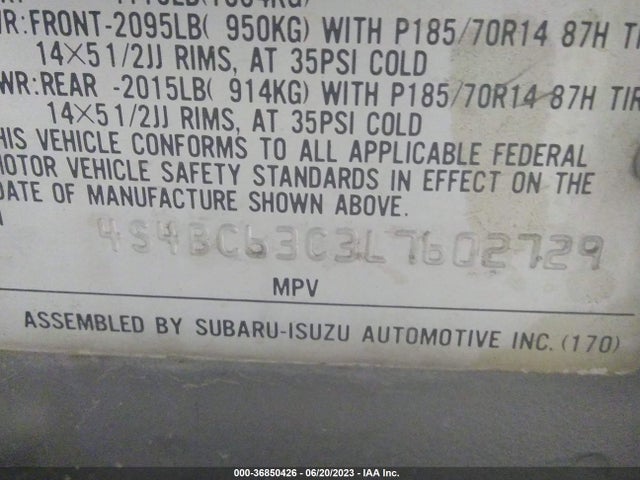 1990 SUBARU LEGACY L VIN: 4S4BC63C3L7602729