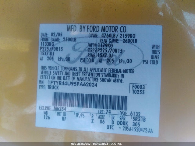 2005 FORD RANGER XLT VIN: 1FTYR44U95PA62024