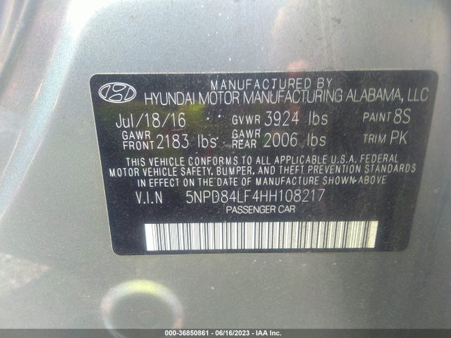 2017 HYUNDAI ELANTRA SE VIN: 5NPD84LF4HH108217