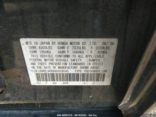 2006 ACURA TSX NAVI VIN: JH4CL96996C028643