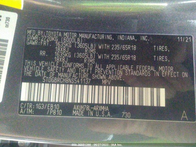 Toyota HIGHLANDER HYBRID 2022 5TDGBRCH8NS541137 Image 15