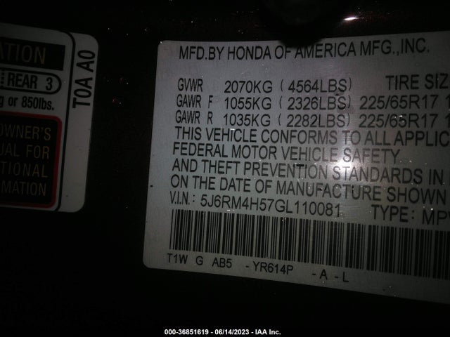Honda CR-V EX 2016 5J6RM4H57GL110081 Image 9