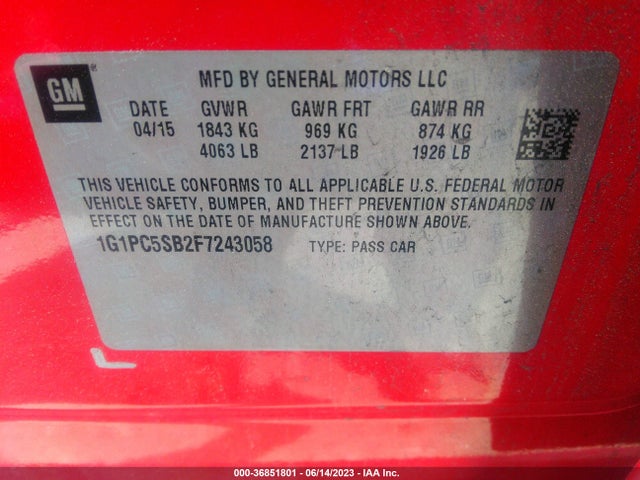 Chevrolet CRUZE LT 2015 1G1PC5SB2F7243058 Image 9