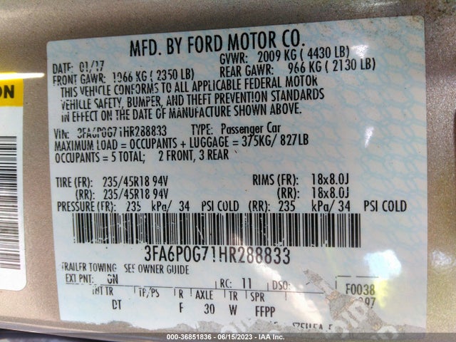 3FA6P0G71HR288833 Ford FUSION S