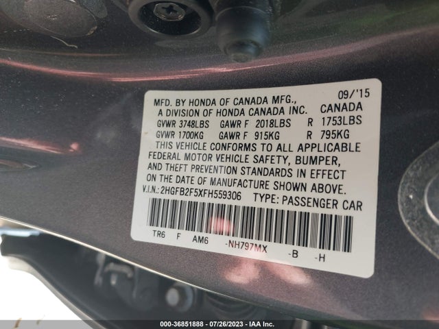 Honda Civic Sedan Lx 2015 2HGFB2F5XFH559306 Image 9