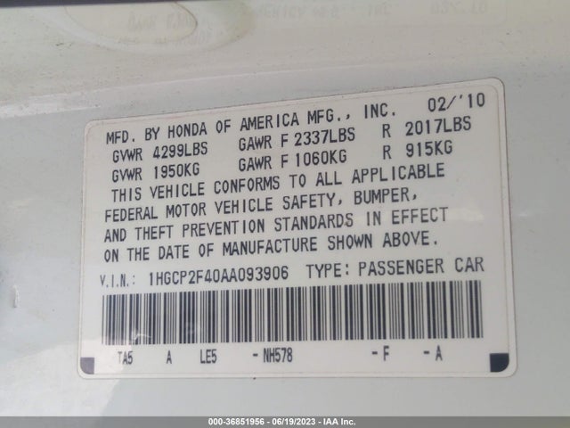2010 HONDA ACCORD SDN LX-P VIN: 1HGCP2F40AA093906