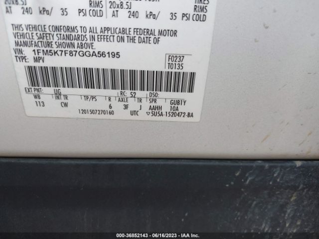 1FM5K7F87GGA56195 Ford Explorer Limited