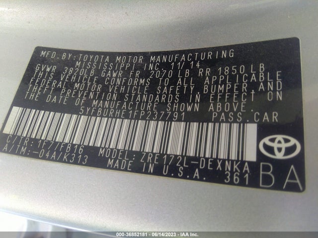 2015 TOYOTA COROLLA L/LE/S/S PLUS/LE PLUS VIN: 5YFBURHE1FP237791