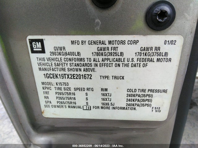2002 CHEVROLET SILVERADO 1500 LS VIN: 1GCEK19TX2E201672
