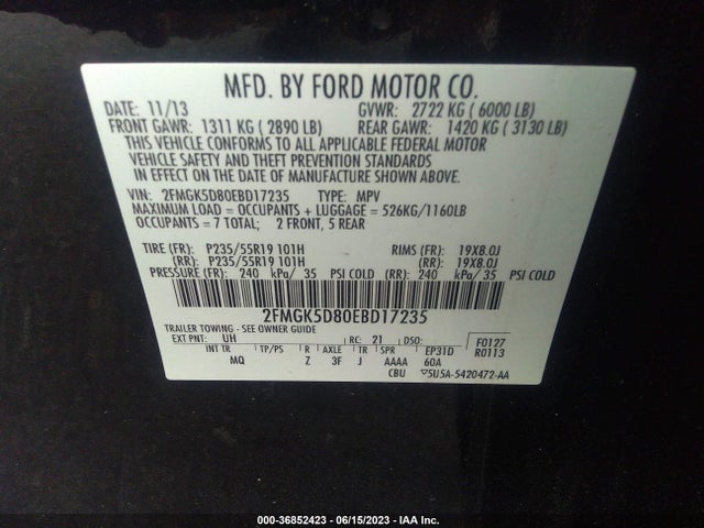 2014 FORD FLEX LIMITED VIN: 2FMGK5D80EBD17235