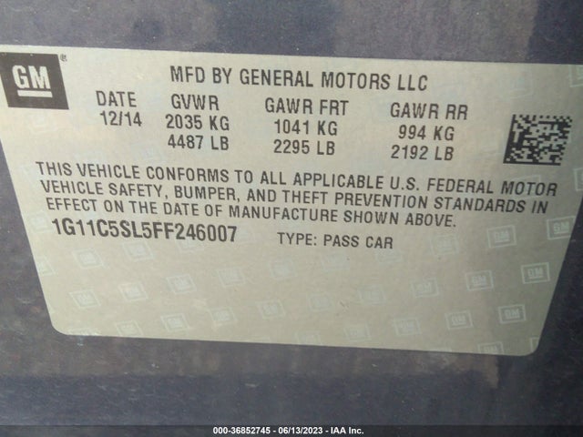 2015 CHEVROLET MALIBU LT VIN: 1G11C5SL5FF246007